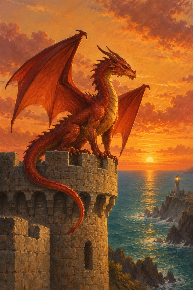 A red dragon perched on the battlements of a stone tower at sunset, looking out over the sea toward a distant lighthouse