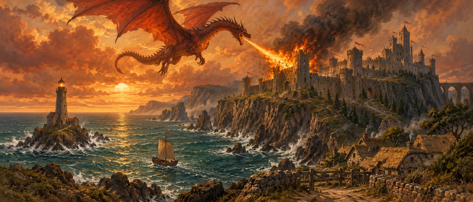 A red dragon breathing fire on a burning castle above a teal sea. A lighthouse stands on a rock to the left, a sailing boat crosses the bay, and thatched cottages sit on the cliff to the right, all under an amber sunset.