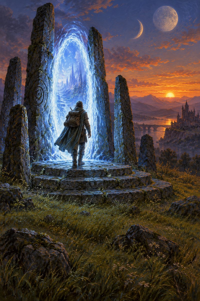 A moongate: a tall oval of shimmering blue light standing on a stone platform inside a ring of standing stones at dusk, a lone traveler with a pack about to step in, two moons in the sky