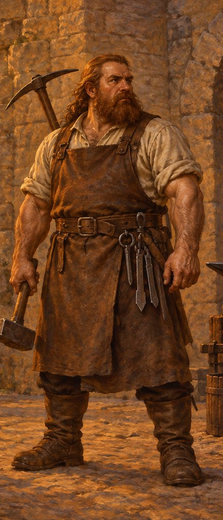A blacksmith in a leather apron holding a hammer, a pickaxe on the back, beside an anvil and a forge