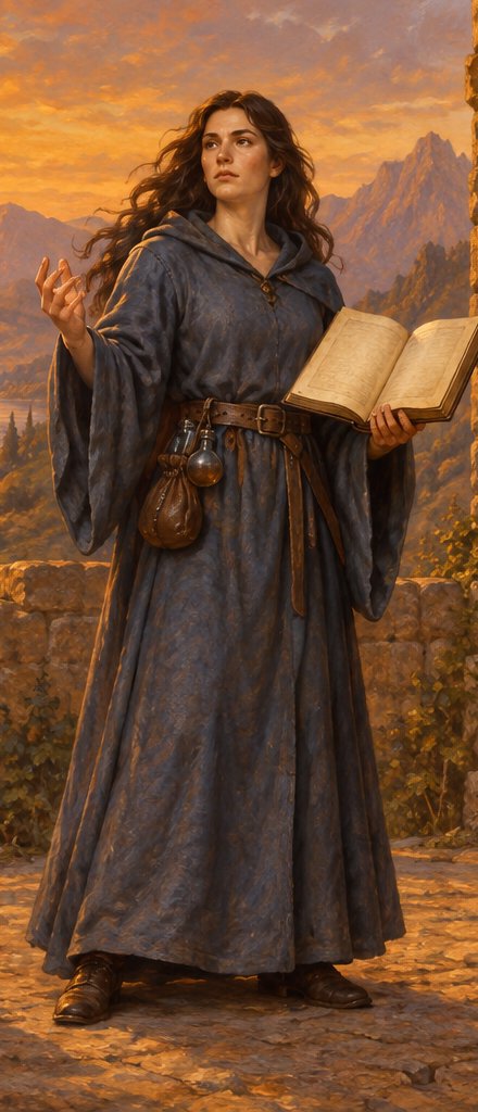 A mage in a plain blue-grey robe holding an open spellbook, with a reagent pouch at the belt