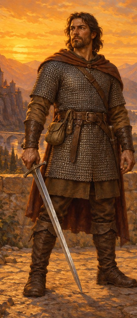 A warrior in a chainmail tunic and cloak, holding a plain longsword, on a stone terrace at sunset